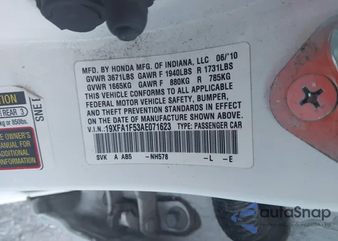 2010 Honda Civic Lx z USA, uszkodzony, nr VIN 19XFA1F53AE071623